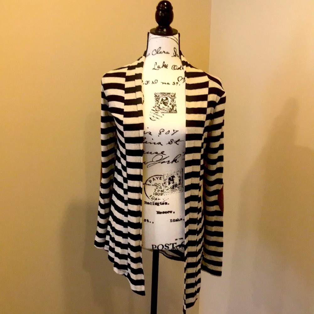 Cream and Navy striped cardigan.suede elbow-accent